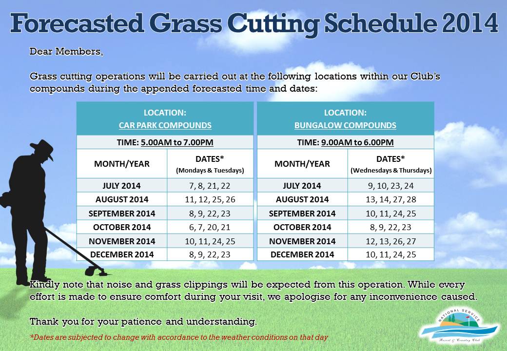 Forecasted GrassCutting Schedule for 2014 National Service Resort